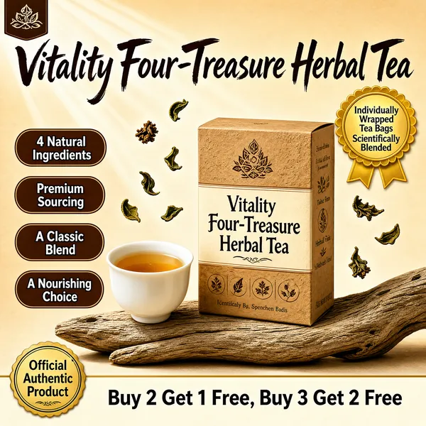 [Format] Professional e-commerce product main image, square 1:1, warm heritage herbal-tea poster with natural materials styling. [Colors] Warm sand-beige gradient with soft light rays (#e9dcc3 range); a kraft-brown tea carton (#b58a5e); deep brown calligraphic headline and brown claim pills; a golden seal badge; driftwood and a white tea cup with amber liquor; a cream bottom band with dark text. No frame border. [Layout] A logo tab sits top-left. The large headline spans the top. A column of four brown claim pills runs down the left. A gold rosette badge hangs upper-right. The carton stands at center-right on a piece of driftwood with the tea cup resting to its lower left. A cream band along the bottom carries a corner badge and an offer line. [Subject] A kraft-paper tea box with a cream label band and traditional lettering, standing on weathered driftwood beside a small white cup of golden brewed tea, loose leaves drifting in the air. [Headline] Elegant brush-style type reads Vitality Four-Treasure Herbal Tea. A round badge at the bottom-left states Official Authentic Product, and the cream band offers Buy 2 Get 1 Free, Buy 3 Get 2 Free. [Badges] The four brown pills list 4 Natural Ingredients, Premium Sourcing, A Classic Blend and A Nourishing Choice. A gold rosette seal promises Individually Wrapped Tea Bags, Scientifically Blended. [Mood] Warm, rooted and restorative, an old-world wellness ritual in golden afternoon light.