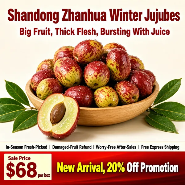 [Format]
Professional e-commerce product main image, square 1:1, bright seasonal fruit promo style with soft daylight photography and bold red type.

[Colors]
Background is a pale warm off-white studio ground (#f4efe6) with a soft vignette; headline type is deep jujube red; the sub-line is red; the mid strip is light with dark text; the bottom banner is a red gradient with white and yellow type and a cream price block at lower left. No frame border.

[Layout]
The headline spans the top edge with a red sub-line beneath; a shallow wooden bowl piled with jujubes fills the centre; one halved fruit leans in front and green leaves tuck at the sides; a thin service strip crosses above a full-width red banner closing the bottom, price anchored bottom-left.

[Subject]
No people. A generous heap of red-blushed winter jujubes in a light wooden bowl, their skins mottled rust-red over yellow-green and beaded with fine water droplets; one fruit halved in the foreground revealing crisp pale-green flesh around a small brown pit, fresh oval leaves resting beside the pile under bright natural light.

[Headline]
Top in very heavy deep-red display type: "Shandong Zhanhua Winter Jujubes", with a bold red sub-line beneath: "Big Fruit, Thick Flesh, Bursting With Juice". Bottom left: "Sale Price" above a huge red "$68" with "per box" beside it. Service strip: "In-Season Fresh-Picked | Damaged-Fruit Refund | Worry-Free After-Sales | Free Express Shipping". Red banner in yellow and white: "New Arrival, 20% Off Promotion".

[Mood]
Fresh, wholesome and appetizing; dewy orchard-crisp jujubes glowing on a clean cream stage with confident red sale type.