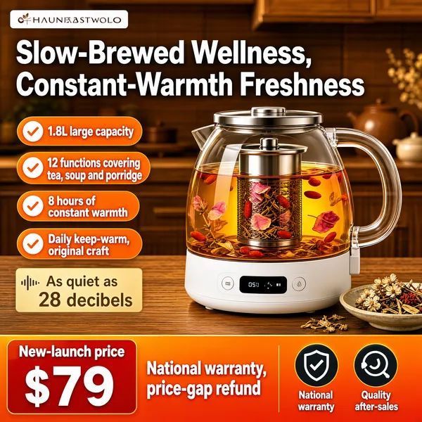 [Format]
Professional e-commerce product main image, square 1:1, cozy warm kitchen appliance advertising style with an amber home atmosphere.

[Colors]
A warm wooden kitchen backdrop in the #c9a06a range with a softly blurred hearth and cabinets; the glass kettle glows amber-gold from the blooming tea inside; orange feature pills and a red-orange price band anchor the frame. No frame border.

[Layout]
A slim white logo bar top-left. A two-line headline in brown and black sits at the top. Four orange feature pills stack down the left side with a pale-gold decibel note beside them. The glass kettle stands centre-right on a wooden counter with a small dish of dried flowers. The bottom quarter is an orange band holding the price block, a national-warranty line and two warranty icons.

[Subject]
A clear glass electric tea kettle with a curved glass handle, brushed steel lid ring and a white base with a small digital panel; inside, amber herbal tea with rose petals and goji berries steeps around a steel infuser; warm rim light, cozy shallow-depth kitchen bokeh behind.

[Headline]
Top: "Slow-Brewed Wellness, Constant-Warmth Freshness" in bold brown-black characters. Orange pills with check icons: "1.8L large capacity", "12 functions covering tea, soup and porridge", "8 hours of constant warmth", "Daily keep-warm, original craft". Gold note: "As quiet as 28 decibels". Bottom: "New-launch price $79" with "$79" huge in white on a red-gold block, then "National warranty, price-gap refund" and two icons reading "National warranty" and "Quality after-sales".

[Badges]
Two small dark circular warranty icons in the bottom band.

[Mood]
Warm, nourishing and homely; amber tea-house glow with tidy orange feature pills, comforting and trustworthy at thumbnail size.