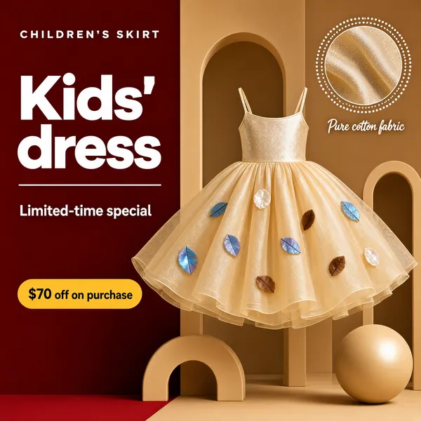 [Format]
Professional e-commerce product main image, square 1:1, elegant kids-fashion style with a gold party dress on a split red-and-tan stage.

[Colors]
The backdrop splits into deep crimson red on the left and warm camel-tan panels on the right with arched cut-outs; the dress supplies shimmering champagne gold; white display type; a mustard pill and a circular fabric swatch.

[Layout]
Left column: small letterspaced English caps, the big title, a thin rule and a mustard pill. Centre-right: the dress floating on an invisible hanger, skirt flaring wide. Upper right: a dotted-ring circle window showing a close fabric swatch. Soft geometric arches and a ball shape decorate the base.

[Subject]
A champagne-gold children's sleeveless party dress with thin spaghetti straps, a fitted shimmer bodice and a full puffy organza skirt scattered with iridescent petal appliques in blue, brown and pearl tones, displayed floating and crisp, couture showcase lighting. No people.

[Headline]
Left column, white: "CHILDREN'S SKIRT" in small letterspaced caps; "Kids' dress" in very heavy white caps over a thin rule; "Limited-time special" in white; a mustard pill with dark text "$70 off on purchase". Circle swatch caption: "Pure cotton fabric" in small white script.

[Badges]
The mustard discount pill and the fabric-swatch circle.

[Mood]
Refined, festive and boutique; crimson-and-camel stagecraft presenting the gold dress like a mini couture look.