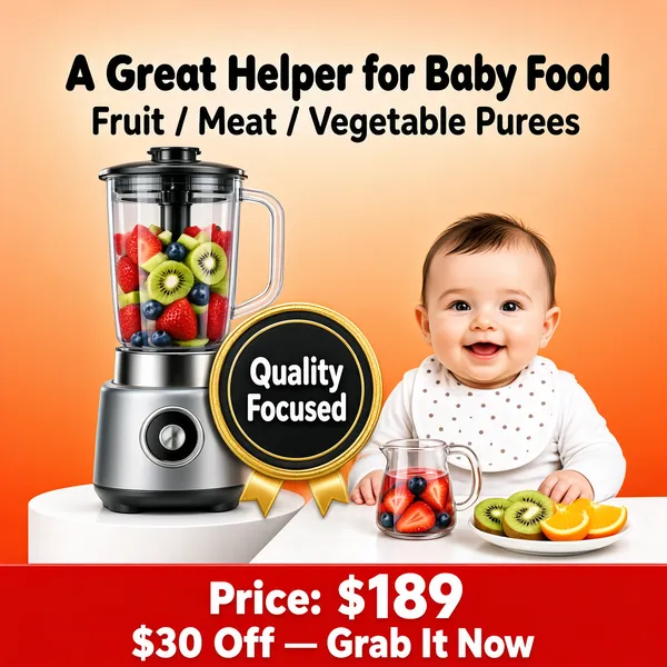 [Format]
Professional e-commerce product main image, square 1:1, warm family-friendly baby-product advertising style with soft peach tones and clean studio lighting.

[Colors]
Background is a soft peach-to-orange gradient (#f6b98a range) deepening toward the bottom; primary accent is a vivid red price bar (#e02020); a dark charcoal badge with a gold ribbon; white podium surfaces; no frame border.

[Layout]
Headline block occupies the top centre; the product sits on a white podium in the lower left with a baby to its right; a black circular quality badge overlaps the product; a full-width red price strip anchors the bottom edge.

[Subject]
A compact grey-and-silver bullet-style baby food blender with a clear blending cup filled with colourful fresh fruit chunks — strawberries, kiwi and blueberries — standing on a white pedestal. Beside it, a cheerful white / Caucasian baby with sparse dark hair wearing a white shirt and a white polka-dot bib, propped at a white table with a small pitcher and a plate of sliced kiwi and orange. Bright, even, friendly lighting.

[Headline]
Top centre: "A Great Helper for Baby Food" in bold dark-grey rounded sans-serif, with the sub-line "Fruit / Meat / Vegetable Purees" in lighter grey beneath. Bottom red strip: "Price: $189" with the numerals oversized in white, then "$30 Off — Grab It Now" in bold white caps.

[Badges]
A black circular badge ringed with a gold award ribbon beside the blender, carrying the stacked white text "Quality Focused".

[Mood]
Warm, trustworthy and appetising; soft peach nursery tones, fresh fruit colours and an adorable baby make it feel safe and premium.
