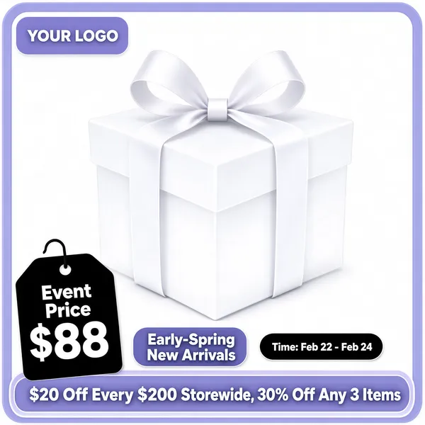 [Format]
Professional e-commerce product main image, square 1:1, generic early-spring sale template with a blank gift-box placeholder.

[Colors]
White background panel inside a periwinkle-lavender border frame (#b8b2ea range), soft white gift box with ribbon, black corner tag, lavender-and-white bottom banner, white text.

[Layout]
Rounded lavender frame around the whole square with a logo tab top left, faint ghosted gift box with a bow at center, black price tag bottom left, black date chip and lavender offer strip along the bottom.

[Subject]
A blank white gift box with a large ribbon bow, softly lit and semi-transparent, used as a placeholder stage for any product.

[Headline]
Bottom left black tag: "Event Price $88". Bottom chips: "Early-Spring New Arrivals" and "Time: Feb 22 - Feb 24". Lavender strip: "$20 Off Every $200 Storewide, 30% Off Any 3 Items".

[Badges]
Black price tag bottom left; black date chip; rounded logo tab top left with "YOUR LOGO".

[Mood]
Clean, light and versatile, a fresh spring campaign ready for any product.