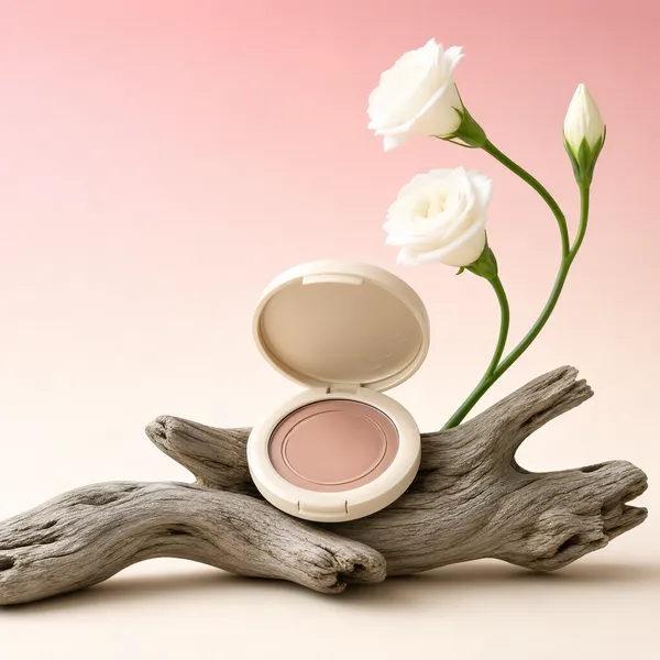 Professional e-commerce product main image, square 1:1, soft botanical still-life style for delicate cosmetics with airy negative space.

[Colors]
Background is a gentle gradient from blush pink (#f2dcdc) at the top to pale warm ivory (#efe9e4) at the bottom; the driftwood is weathered grey-brown; the compact is soft cream and the pressed powder a muted rose-beige; the flowers are pure white with fresh green stems. No frame border.

[Layout]
One centred still-life cluster sitting in the lower-middle of the frame: a sculptural piece of dry driftwood lies horizontally, holding the open compact; a single stem of white flowers rises from behind the driftwood and curves up toward the upper right; the entire upper-left half is left as clean empty gradient sky; no headline, no badges.

[Subject]
No people. A round cream-coloured powder compact, lid open, resting in the fork of a gnarled piece of pale driftwood, revealing a smooth rose-tinted pressed powder with an embossed inner rim; beside it a slender white lisianthus stem with two open blooms and one bud arches gracefully upward; soft diffused daylight casts gentle shadows on the seamless ground.

[Mood]
Serene, romantic and minimal; a whisper of pink air, natural wood texture and fragile white blooms framing one quiet cosmetic hero.
