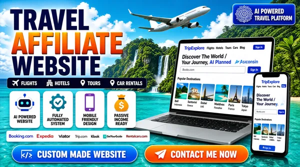 [Format]
Professional Fiverr gig cover, landscape 16:9 banner, vibrant tropical travel-agency advertising style. Photo-realistic vacation backdrop with bright blues, greens and warm accents. No watermark, no personal names.

[Layout]
A full-bleed tropical scene: turquoise ocean water in the foreground, lush green jungle-covered cliffs and waterfalls behind, a bright blue sky with fluffy white clouds. The upper left carries the main headline; a tilted laptop and smartphone sit on the right; feature cards and partner logos fill the lower left.

[Subject]
No people. Hero devices: a silver laptop open on the water showing a travel booking site, and a black smartphone in front of it showing the same site in mobile view. Both screens display a header branded "TripExplore" with navigation links "Flights Hotels Tours Cars Blog" and a blue "Sign In" button, the headline "Discover The World / Your Journey, AI Planned", a search form and a grid of destination cards. A white passenger airplane flies across the upper sky.

[Headline]
Upper left, stacked in three lines: "TRAVEL" in heavy dark-blue condensed caps; "AFFILIATE" in heavy orange gradient condensed caps with a slight 3D feel; "WEBSITE" in heavy dark-blue condensed caps. Below the headline, a dark horizontal bar with five small white icons and labels: a plane for "FLIGHTS", a building for "HOTELS", a sun for "TOURS", a car for "CAR RENTALS" and a location pin for a final category.

[Badges]
Four rounded white feature cards under the category bar, each with a coloured icon: a robot head for "AI POWERED WEBSITE", a gear-and-checkmark for "FULLY AUTOMATED SYSTEM", a phone for "MOBILE FRIENDLY DESIGN", and a money bag for "PASSIVE INCOME READY". Below the cards, a row of partner logos on white: Booking.com, Expedia, Viator, Trip.com, Klook, GetYourGuide and Rentalcars.com.

[Graphic accents]
A blue badge in the upper right reads "AI POWERED TRAVEL PLATFORM" in white and light-blue caps with a decorative mandala icon. Two call-to-action buttons span the bottom: a blue pill "CUSTOM MADE WEBSITE" with a code icon, and an orange pill "CONTACT ME NOW" with a paper-plane icon.

[Devices]
The laptop and smartphone screens show a live-looking travel booking interface with destination thumbnails labelled "Bali Indonesia", "Santorini Greece", "Dubai UAE", "Maldives Paradise", "Paris France" and "Tokyo Japan", plus a "Popular Destinations" strip.

[Mood]
Bright, aspirational and travel-focused; saturated tropical photography paired with clean UI mockups, AI and affiliate trust signals.