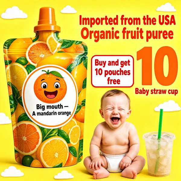 [Format]
Professional e-commerce product main image, square 1:1, sunny toddler-food promo mixing a product render with a photo cut-out.

[Colors]
Background a warm butter-yellow field (#ffd966 range) with soft white cloud cut-outs; mango-orange display type; a fruit-print pouch as the hero; red outline pills for offers; no frame border.

[Layout]
A big headline across the top-right; the spouted pouch tilted at the left filling half the frame; a photo of a seated baby at the lower-right with a small drink-cup photo beside it; red promo pills sit mid-right.

[Subject]
Lower-right: a cheerful white / Caucasian baby boy sitting in just a diaper, laughing with his eyes squeezed shut. Left: a stand-up spouted pouch fully wrapped in a citrus-and-mango print with a cartoon orange-face roundel reading "Big mouth — A mandarin orange"; beside the baby, a small photo of an iced drink with a green straw.

[Headline]
Top-right in chunky orange caps: "Imported from the USA" then "Organic fruit puree". A red-outlined pill reads "Buy and get 10 pouches free" beside a huge orange "10", with "Baby straw cup" underneath in red.

[Badges]
The red free-gift pill doubles as the promo badge.

[Mood]
Bright, fruity and joyful; sunny yellow with giggly baby energy built for toddler snacking.