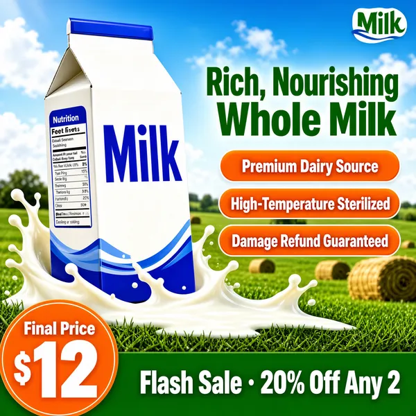 [Format]
Professional e-commerce product main image, square 1:1, bright dairy-farm freshness style combining a sky-and-pasture photograph with dynamic milk splashes.

[Colors]
Azure sky with soft clouds above, green mown pasture with hay bales below; the carton in white with cobalt blue lettering; headline in deep grass green (#3f9a3f); three orange pills with white text; a green promo band and an orange price medallion at the base. No frame border.

[Layout]
The milk carton leans in from the left at a lively tilt, a ribbon of milk splashing around its base. The right half stacks the green headline lines and three orange pills. A tiny placeholder logo lockup sits at the top-right corner. The bottom strip splits into a green sale message and an orange round price tag.

[Subject]
No people. A gable-top fresh-milk carton labelled "Milk" in large blue letters with a nutrition panel on its side, paper-gloss finish, embraced by a splash of creamy white milk that arcs across the grass at its foot; crisp daylight, dewy field bokeh.

[Headline]
Right side, in bold green caps on two lines: "Rich, Nourishing" and "Whole Milk". Orange rounded pills beneath: "Premium Dairy Source", "High-Temperature Sterilized", "Damage Refund Guaranteed". Bottom-right green band: "Flash Sale · 20% Off Any 2" in white.

[Badges]
Bottom-left orange circle: "Final Price" small over "$12" in very large white numerals.

[Mood]
Fresh, wholesome and pastoral; sky-blue openness, living milk splash, friendly green-and-orange retail cues.