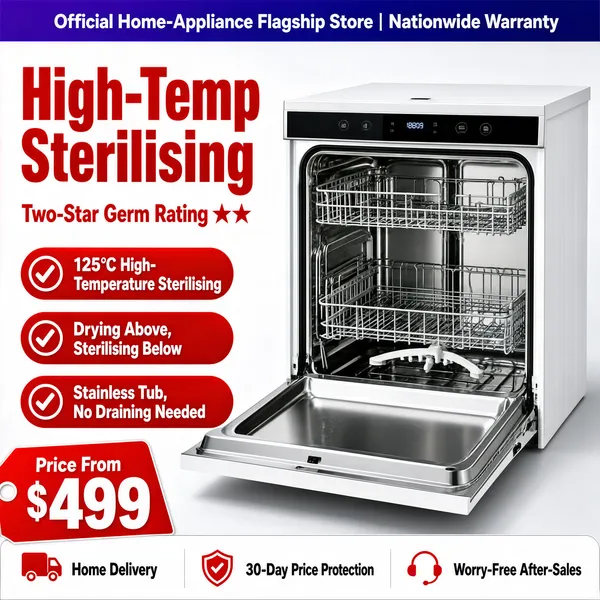 [Format]
Professional e-commerce product main image, square 1:1, bright hygiene-appliance advertising style with clean white space and red checklist graphics.

[Colors]
Light grey-to-white studio background (#f2f2f4); primary accent strong red (#d93a35) for headline marks and check pills; silver-white machine with steel interior; purple-blue top bar; no frame border.

[Layout]
A purple-blue header strip runs along the top with store and warranty text; the red two-line headline block sits upper-left with a starred subline; three red check pills stack down the left; the open dishwasher fills the right two-thirds; a red price tag sits bottom-left over a white service bar with three icons.

[Subject]
Right: a white front-control dishwasher with its door folded open toward the viewer, revealing a stainless-steel interior with racks and a spray arm, control panel with a small display along the top edge. No people.

[Headline]
Heavy red caps on two lines: "High-Temp Sterilising"; subline in red: "Two-Star Germ Rating" with two red stars. Red pills in white text: "125°C High-Temperature Sterilising", "Drying Above, Sterilising Below", "Stainless Tub, No Draining Needed". Price tag: "Price From $499". Header strip: "Official Home-Appliance Flagship Store | Nationwide Warranty". Bottom icons: "Home Delivery", "30-Day Price Protection", "Worry-Free After-Sales".

[Mood]
Hygienic, efficient and reassuring; bright white clarity with confident red health claims.
