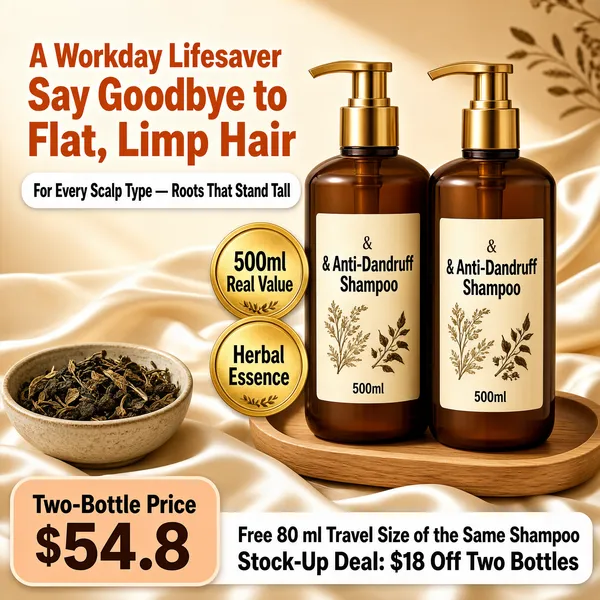 [Format]
Professional e-commerce product main image, square 1:1, warm home-lifestyle haircare style with a cosy beige dressing-table scene and amber bottles as the hero.

[Colors]
Warm cream-to-tan background in the #e8d9c4 to #c9a888 range with draped ivory silk, wooden tray and dried herb bowl props, primary accent terracotta-orange headline type and a peach price card; No frame border.

[Layout]
The headline stack fills the upper-left with a white sub-banner pill beneath; two amber pump bottles stand side by side on a wooden tray centre-right; two circular gold seals overlap the left bottles; a small bowl of dried herbs sits lower-left; the bottom is split between a rounded peach price card on the left and a two-line offer strip on the right.

[Subject]
A pair of tall amber-brown plastic bottles with gold-toned pump dispensers, cream labels reading "& Anti-Dandruff Shampoo" with a small botanical illustration and "500ml", standing on a light wooden tray over draped silk; a ceramic bowl of dark dried herbs beside them; warm afternoon light, no people.

[Headline]
Upper-left in very heavy terracotta caps stacked two lines: "A Workday Lifesaver" then "Say Goodbye to Flat, Limp Hair"; beneath, a white rounded banner with brown text "For Every Scalp Type — Roots That Stand Tall". Two gold circular seals read "500ml Real Value" and "Herbal Essence".

[Badges]
Bottom-left peach card: "Two-Bottle Price $54.8" in large dark numerals. Bottom-right strip: "Free 80 ml Travel Size of the Same Shampoo" over "Stock-Up Deal: $18 Off Two Bottles".

[Mood]
Cosy, herbal and salon-credible; warm beige domestic calm with confident amber product presence.