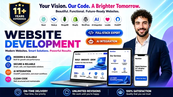 [Format]
Professional Fiverr gig cover, landscape 16:9 banner. Bright, modern tech-agency style on a luminous blue-and-white gradient with glossy colour accents. No watermark, no personal names.

[Layout]
A light background flowing from pale blue at the top through white to soft violet and cyan blobs at the bottom, with faint diagonal light streaks. The frame is densely packed: a slogan band across the top, a badge and logo row beneath it, a giant two-line headline on the left-centre, a feature list down the left edge, and a device trio across the lower centre-right with the subject on the right.

[Subject]
Right side, waist-up, cut out cleanly against the gradient: a young white / Caucasian man with curly dark hair and a trimmed beard, wearing a navy-blue blazer over a white shirt with no tie, smiling warmly at the camera. He overlaps the device cluster slightly. No text or watermark on the subject.

[Headline]
Top centre: "Your Vision. Our Code. A Brighter Tomorrow." in a bold rounded sans-serif, with "Your Vision." in dark navy, "Our Code." in blue and "A Brighter Tomorrow." in magenta-pink; beneath it a smaller grey line "Beautiful. Functional. Future-Ready Websites.". Main stack on the left: "WEBSITE" in enormous heavy dark-navy caps, then "DEVELOPMENT" in the same heavy caps with a blue-to-magenta gradient fill. Beneath, a line of small bold text "Modern Websites. Smart Solutions. Powerful Results." with the words picked out in blue and pink.

[Badges]
Top-left: a dark navy shield badge with a gold border and three gold stars above "11+" in large gold numerals, "YEARS" and "EXPERIENCE" in white caps. Below it a row of eight small circular icon chips on white, each with a label beneath: the React atom for "React", a green hexagon for "Node.js", the green MongoDB leaf for "MongoDB", the green Shopify bag for "Shopify", the blue WordPress W for "WordPress", a purple AI chip for "AI Integration", a magenta-blue heart for "Lovable", and a green knot mark for "ChatGPT". To the right of the headline, two gradient pill buttons: a blue pill with a code icon reading "FULL-STACK EXPERT" in white caps, and an orange pill with a robot icon reading "AI INTEGRATION" in white caps. Down the left edge, four feature rows each with a coloured circular icon: a blue rocket for "MODERN & SCALABLE" over "Built for growth and performance", a red shield for "SECURE & RELIABLE" over "Smart, safe, and dependable solutions", a violet brain for "AI INTEGRATION" over "ChatGPT, automation, and smart workflows", and a teal code icon for "CLEAN CODE" over "Well structured and maintainable".

[Devices]
Lower centre-right: a silver laptop, a black tablet and a smartphone, overlapping in perspective, all showing the same "NextGen" brand site with a blue-and-white theme. The laptop shows a "BUILD - INNOVATE - GROW" eyebrow, the headline "Transform Your Ideas Into Reality", a blue "Get Started" button, a "10K+ Happy Clients" stat card with a rising chart, and a row of service icons labelled "Modern Design", "Fast Performance", "Secure & Reliable" and "AI Powered". The tablet shows an "Our Services" panel with cards for "Web Development", "E-commerce Solutions", "AI Integration" and "CMS Development" above a "Let's Build Something Amazing" banner. The phone shows "Digital Solutions for a Brighter Tomorrow" with a "Watch Our Story" button.

[Footer]
A dark navy bar along the bottom edge with three items separated by thin rules, each with a blue circular icon: a clock for "ON-TIME DELIVERY" over "Your time, Our priority", an infinity symbol for "UNLIMITED REVISIONS" over "We work until you're happy", and a shield-check for "100% SATISFACTION" over "Quality that you can trust".

[Mood]
Confident, full-service and tech-forward; luminous blue-violet gradient, gradient display type, dense badges and devices signalling capability and trust.
