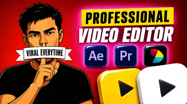[Format]
Landscape 16:9 gig cover, bold cartoon-illustration character on the left, glossy type and 3D badges on the right, over a red gradient. Saturated vector-render hybrid finish. No watermark, no personal names.

[Layout]
The background is a red-to-dark-red gradient with a soft magenta glow behind the type zone. The left 40% is a stylized vector-illustrated man from the waist up, head tilted, pressing his index finger vertically to his lips in a hush gesture; a white ribbon banner is strapped across his mouth carrying a short black caps phrase. The right 60% stacks, centered: a yellow rectangular plate with a dark caps word, a large white italic caps line beneath it, then a horizontal row of three glossy rounded-square app badges, and at the bottom two oversized 3D play-button tiles — one yellow, one white — overlapping each other and cropped by the right edge.

[Subject]
The illustrated man: tan skin, black short hair, thick eyebrows, serious eyes over the hush gesture, black crew-neck t-shirt, clean bold-outline cel shading.

[Headline]
(1) On the mouth ribbon: "VIRAL EVERYTIME" in black condensed caps on the white banner. (2) Right side: "PROFESSIONAL" in dark extra-bold caps on a yellow plate; (3) "VIDEO EDITOR" in white heavy italic caps beneath.

[Badges]
Row of three glossy rounded-square app badges: the After Effects "Ae" tile, the Adobe Premiere Pro "Pr" tile (both blue-navy with light two-letter marks) and the DaVinci Resolve mark, a black tile with a glossy multicolour three-petal swirl. Bottom-right: two giant 3D rounded play-button tiles in yellow and white with soft studio shadows.

[Mood]
Hot red field with yellow plate, white type and playful 3D badges — confident, viral-marketing energy. At thumbnail size the hush character and the yellow plate carry the cover.