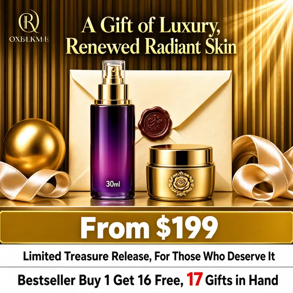 [Format] Professional e-commerce product main image, square 1:1, gilded luxury skincare gift scene with dramatic light rays.
[Colors] Warm champagne-gold backdrop with vertical fluted paneling in #b08a4a and #d8b878, aubergine-purple bottle accents #5a3a8a, brass jar tones, a cream envelope and a satin ribbon; no frame border.
[Layout] A small logo sits top-left; the blessing-style headline sits top-center in gold; the serum bottle and eye-cream jar pair center stage in front of a wax-sealed envelope; a golden orb and ribbon decorate the sides; three stacked value bars close the bottom.
[Subject] A tall purple-gradient essence bottle marked 30ml with a clear pump collar beside a squat gold-lidded eye cream jar engraved with a rose emblem, arranged like a prestige gift set.
[Headline] A Gift of Luxury, Renewed Radiant Skin in gold serif across the top; the bars read From $199 in oversized white numerals on a gold ground, then Limited Treasure Release, For Those Who Deserve It on white, then Bestseller Buy 1 Get 16 Free, 17 Gifts in Hand with the count highlighted in red.
[Mood] Opulent, celebratory and gift-worthy, built for a festive unboxing moment.