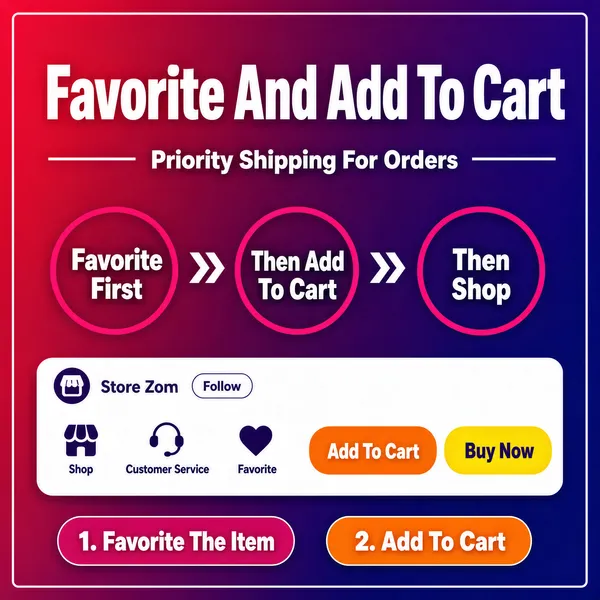 [Format]
Professional e-commerce product main image, square 1:1, flat e-commerce instructional banner style.

[Colors]
Background a smooth diagonal gradient from crimson red through violet to deep purple-blue (#c22a52 to #3b2a8e) with a thin white inner keyline frame; white, magenta and orange-yellow graphics inside.

[Layout]
Big title centered near the top; a thin rule with a sub-line beneath; three outlined circles joined by arrows across the middle; a white store-interface card across the lower third; two numbered pill tags at the bottom.

[Subject]
No people and no product photograph; the entire image is a pure instructional graphic built from type, circles and a mock store navigation card.

[Headline]
Huge white bold characters "Favorite And Add To Cart"; beneath, between short rules, a white line "Priority Shipping For Orders"; then three magenta-outlined circles containing "Favorite First", "Then Add To Cart" and "Then Shop", linked by white ">>" arrows.

[Badges]
The white interface card shows a store-name row with a follow button, then a row of icons labeled "Shop", "Customer Service", "Favorite", followed by an orange pill "Add To Cart" and a yellow pill "Buy Now"; below the card, two pill tags read "1. Favorite The Item" and "2. Add To Cart".

[Mood]
Playful, direct and conversion-focused; a vivid red-purple gradient with clean white instructional graphics.