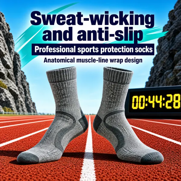 [Format]
Professional e-commerce product main image, square 1:1, energetic athletic-performance style.
[Colors]
A bright blue sky over a red running track #b5432f; grey heather socks; slate rock cliffs framing the left and right edges; navy and teal type. No frame border.
[Layout]
A headline block centred at the top; two socks stand mid-frame like runners on the track; a partial LED timer board glows at the right edge behind them.
[Subject]
Two grey heather ankle socks standing upright at slight angles on the red track's white lane lines, ribbed cuffs and arched instep panels visible, staged like athletes at a start line with rocky cliffs and a clear blue sky behind, soft shadows cast to the left. No people.
[Headline]
Top, heavy navy caps with a teal highlight sweep behind: "Sweat-wicking and anti-slip"; beneath, a navy slab with white text "Professional sports protection socks"; then a smaller navy line: "Anatomical muscle-line wrap design".
[Badges]
No badges; a yellow LED clock at the right reads "00:44:28" as a training-time accent.
[Mood]
Energetic, sporty and functional; track-and-field daylight with grey performance knit on red rubber, go-and-train vibe.