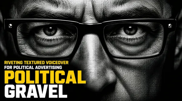 [Format]
Landscape 16:9 gig cover, cinematic black-and-white close-up with bold lower-third type. Gritty, high-contrast finish. No watermark, no personal names.

[Layout]
The entire frame is filled by a tight black-and-white close-up of a man's face, especially eyes behind glasses. The lower third is overlaid with blocky headline type. The eyes are the focal point and sit slightly above center.

[Subject]
A middle-aged man's face in extreme close-up, cropped so only the eyes, bridge of nose, and part of the cheeks are visible. He wears dark rectangular glasses with small stud details on the temples. Serious, intense gaze. High-contrast black-and-white lighting.

[Headline]
Lower-left in small yellow sans-serif all-caps: "RIVETING TEXTURED VOICEOVER". Below in smaller white sans-serif all-caps: "FOR POLITICAL ADVERTISING". Dominating the lower third, "POLITICAL" in large bold yellow sans-serif and "GRAVEL" in large bold white sans-serif, both all-caps, aligned left.

[Badges]
none

[Mood]
Black-and-white with selective yellow accent. Gritty, intense, political; reads at thumbnail as a powerful dramatic voice.