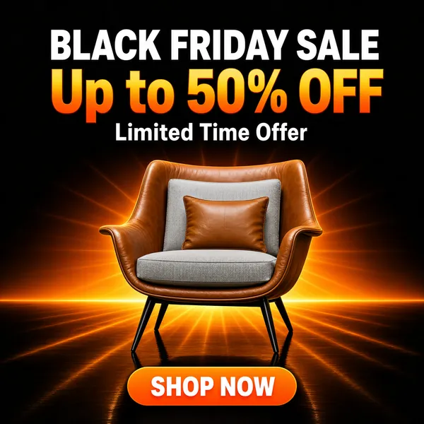 [Format]
Professional e-commerce product main image, square 1:1, dramatic dark Black Friday sale style with a glowing horizon glow.

[Colors]
Background is a near-black charcoal (#151210) deepening toward the corners, warmed by a radial amber-to-orange gradient (#c96a1a to #f5a93c) bursting outward from behind the product like a luminous horizon line where a dark glossy floor meets the glow; headline type is crisp white and bright gradient orange. No frame border.

[Layout]
The headline block occupies the top quarter, centre-aligned; the armchair sits centre-frame on the dark reflective floor with light rays radiating evenly across it; generous dark negative space surrounds the product; a rounded pill button anchors the bottom-centre of the frame.

[Subject]
No people. A mid-century lounge armchair with a caramel-brown leather shell and curved wraparound armrests, dressed with a heathered light-grey fabric seat cushion and matching back cushion plus a smooth tan-brown leather throw pillow, standing on slim black tapered metal legs, front-lit evenly with warm rim highlights tracing the leather edges.

[Headline]
Top-centre in extra-bold white sans-serif caps: "BLACK FRIDAY SALE"; beneath it "Up to 50% OFF" in large glossy orange-gradient display lettering; a smaller clean white line reads "Limited Time Offer". Bottom-centre: a vivid orange pill button with bold white caps "SHOP NOW".

[Mood]
Cinematic, urgent and premium; warm spotlight drama around a hero armchair with punchy sale typography.