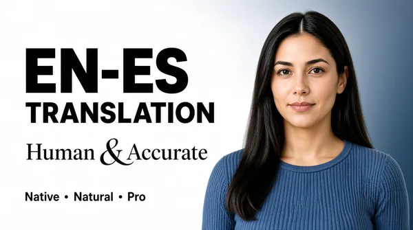 [Format]
Landscape 16:9 gig cover, soft corporate portrait style with a gradient background and minimal typography. No watermark, no personal names.

[Layout]
The left two-thirds of the frame carries a stacked typographic block aligned to the left, while the right third is filled by a portrait cut-out that overlaps the text area slightly. The background transitions from white on the left to a muted blue-grey on the right, creating a calm diagonal wash behind the subject.

[Subject]
A young woman with long dark hair parted in the middle, wearing a blue ribbed top, shown from the chest up and facing slightly toward the left of the frame with a neutral expression; she is softly lit and positioned on the right edge.

[Headline]
At upper left, "EN-ES" appears in very large, heavy black sans-serif caps. Below it, "TRANSLATION" is set in the same bold black sans-serif at a slightly smaller size. Underneath, the phrase "Human & Accurate" is written in a mixed-style treatment: "Human" in a regular black serif, a large flowing black script ampersand, and "Accurate" in the same regular black serif. Near the bottom left, "Native • Natural • Pro" appears in smaller black sans-serif with bullet separators.

[Badges]
None.

[Mood]
A restrained palette of white, soft blue-grey and black conveys calm professionalism; the airy spacing and clear word stack read well at thumbnail size and suggest a personal, human service.