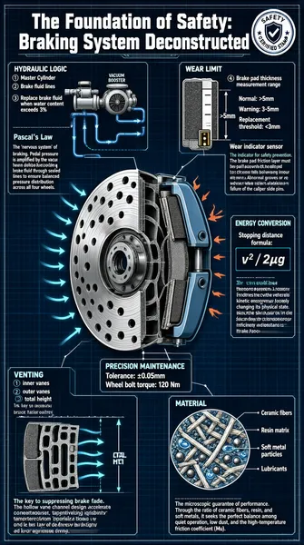 This infographic is presented in an engineering blueprint style, with a deep blue grid background and white lines outlining the various components of a car's braking system and how they work. The overall layout adopts a hub-and-spoke structure centered on the brake disc and caliper, while multiple sub-diagrams and annotation areas explain key components and technical parameters in detail. The title sits at the top center in bold, eye-catching lettering: "The Foundation of Safety: Braking System Deconstructed", with a circular "SAFETY CERTIFIED STAMP" seal on the right, underscoring the professionalism and safety of the content.

---

**Main Diagram Structure and Section Details:**

1. **(Hydraulic Logic)**
   - Located in the upper left, showing a schematic of the brake fluid line system.
   - Label ①: Master Cylinder, connected to the vacuum booster.
   - Label ②: Brake fluid lines, with arrows indicating the direction of fluid flow.
   - Label ③: Brake fluid must be replaced when water content exceeds 3%.
   - Text: "The 'nervous system' of braking. Pedal pressure is amplified by the vacuum booster, driving brake fluid through sealed lines to ensure balanced pressure distribution across all four wheels."
   - Introduces "Pascal's Law" as the theoretical foundation.

2. **(Wear Limit)**
   - Located in the upper right, showing a cross-section of a brake pad.
   - Label ④: Brake pad thickness measurement range.
     - Normal: >5mm
     - Warning: 3-5mm
     - Replacement threshold: <3mm
   - The diagram is labeled "Wear indicator sensor".
   - Text: "The indicator for safety prevention. The brake pad friction layer must be replaced when its thickness falls below 2-3mm. Abnormal grooves or uneven wear reflect lubrication failure of the caliper slide pins."

3. **(Energy Conversion)**
   - Located center-right, around the brake disc and caliper assembly.
   - Text: "The core logic of the braking system. Friction converts the vehicle's kinetic energy into heat, forcibly changing its physical state. The core of the design lies in heat dissipation efficiency and resistance to brake fade."
   - Labeled nearby: "Stopping distance formula: v² / 2μg".

4. **(Venting)**
   - Located in the lower left, showing the cross-section of a ventilated brake disc.
   - Label ①: inner vanes; Label ②: outer vanes; Label ④: total height.
   - Arrows indicate air convection paths.
   - Text: "The key to suppressing brake fade. The hollow vane channel design accelerates air convection, preventing high temperatures from vaporizing brake fluid. It is the last line of defense for braking power under aggressive driving."

5. **(Material)**
   - Located in the lower right, showing the microstructure of brake pad materials.
   - The diagram breaks down into four parts:
     - Ceramic fibers
     - Resin matrix
     - Soft metal particles
     - Lubricants
   - Text: "The microscopic guarantee of performance. Through the ratio of ceramic fibers, resin, and soft metals, it seeks the perfect balance among quiet operation, low dust, and the high-temperature friction coefficient (Mu)."

6. **(Precision Maintenance)**
   - Located center-lower, around the brake disc.
   - Labeled "Tolerance: ±0.05mm", emphasizing manufacturing precision.
   - Labeled "Wheel bolt torque: 120 Nm", noting installation specifications.

7. **(Core Component Illustration)**
   - The central body is a perspective cutaway of the brake disc and caliper assembly.
   - The brake disc features vented hole design, with the caliper clamping from both sides.
   - Multiple arrows surround the brake disc, illustrating heat dissipation paths and airflow.

---

**Visual Elements and Data Encoding Methods:**
- Standard engineering drawing symbols are used: dashed lines for internal structures, solid lines for outer contours, and arrows for direction.
- All dimensions, values, and tolerances are annotated with precise figures, such as "120 Nm", "±0.05mm", ">3%", "v²/2μg", etc.
- Color coding: mainly white lines on a blue background; key terms such as "Pascal's Law", "Precision Maintenance", and "Energy Conversion" are highlighted in light cyan for readability.
- Text typography is clear, with titles and body text layered; technical terms are given in both Chinese and English (e.g., "Wear indicator sensor", "Venting", "Material").
- The layout is clearly hierarchical, moving progressively from the macro system to micro materials, with coherent logic.

---

**Summary:**
This infographic systematically dissects the safety architecture of a car's braking system, covering five major dimensions: hydraulic transmission, energy conversion, materials science, heat dissipation design, and maintenance standards. Through the engineering blueprint format, combining precise technical parameters with intuitive structural diagrams, it fully reveals how modern braking systems safeguard driving safety under extreme operating conditions. All text is in English, consistent with the task's primary-language determination.