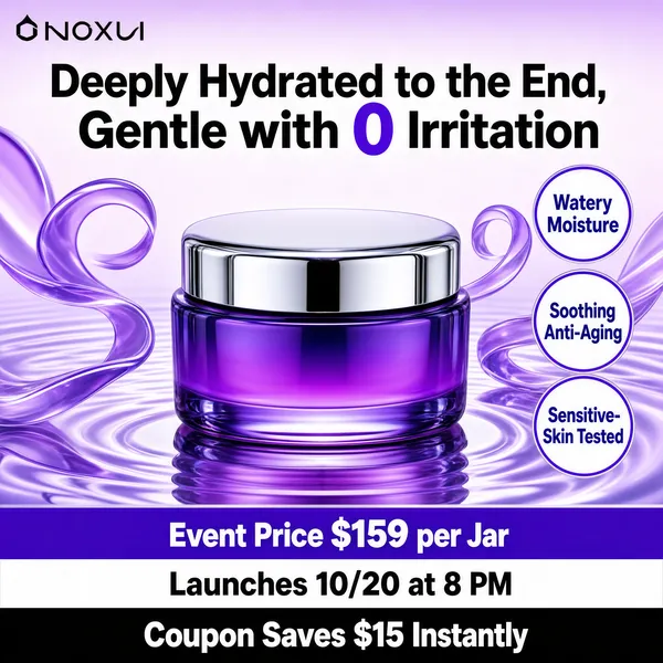 [Format] Professional e-commerce product main image, square 1:1, glossy beauty promo with liquid-glass styling.
[Colors] Luminous lavender-white backdrop shifting through #efe6fa and #d9c4f2, a saturated violet accent #8b3fe0 for the numeral and price band, chrome silver lid reflections and black info strips; no frame border.
[Layout] A small black logo sits top-left; the benefit headline runs across the upper third with one violet numeral embedded; the jar commands the center on a rippled glass surface with swirling 3D ribbon shapes; three small round tags stack down the right; stacked offer bars close the bottom.
[Subject] A squat glass face-cream jar with a vivid purple-to-violet gradient body, polished silver lid and mirrored reflections pooling beneath it.
[Headline] Deeply Hydrated to the End, Gentle with 0 Irritation in bold black with the zero oversized in purple; the right tags read Watery Moisture, Soothing Anti-Aging and Sensitive-Skin Tested; the bottom shows Event Price $159 per Jar in white on violet, Launches 10/20 at 8 PM on white, and Coupon Saves $15 Instantly in white on black.
[Badges] The three right-side tags are small white discs with slim purple borders and purple text.
[Mood] Silky, high-shine and science-backed.