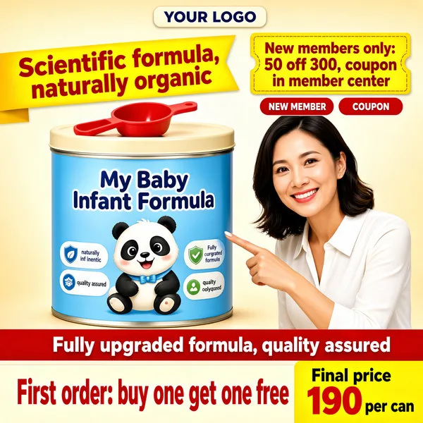 [Format]
Professional e-commerce product main image, square 1:1, friendly formula promo with a presenter gesturing beside the hero can.

[Colors]
Background warm cream gradient (#f7efe2 to #f0e0c8), primary accent golden yellow (#f2b705), secondary red and blue, sky-blue can label, red corner banner and yellow price block. No frame border.

[Layout]
Header chip centered top. A yellow headline ribbon crosses the upper-left. A yellow coupon card sits upper-right with two small red pills beneath. The hero can stands left of center; the presenter leans in from the right pointing at it. A red strip runs above a cream headline line near the bottom, with a yellow price block bottom-right.

[Subject]
A formula tin with sky-blue label reading "My Baby Infant Formula", a cartoon panda and benefit chips, a red scoop on its lid; a smiling woman in a white blouse points at the can.

[Headline]
Yellow ribbon in red type: "Scientific formula, naturally organic". Yellow card: "New members only: 50 off 300, coupon in member center". Red strip: "Fully upgraded formula, quality assured". Cream line in red bold type: "First order: buy one get one free". Yellow block: "Final price 190 per can".

[Badges]
Header chip "YOUR LOGO"; yellow coupon card with red pills; red assurance strip; yellow price block.

[Mood]
Warm, trustworthy and welcoming, first-order generosity for new parents.