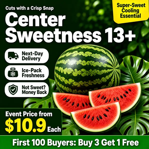 [Format]
Professional e-commerce product main image, square 1:1, juicy summer promo for a whole watermelon.

[Colors]
Lush green leafy background (#4a7d3a range) with soft bokeh, deep green striped rind, vivid red flesh with black seeds, white pill tags, yellow price numeral on dark green, yellow corner tag.

[Layout]
Yellow tag at top right, short teaser line upper left over a big bold headline, three white icon pills stacked on the left, whole melon and two wedges at center-right, price block and green promo bar along the bottom.

[Subject]
A whole dark-green striped watermelon beside two thick cut wedges showing dense red flesh and glossy black seeds, resting near leafy monstera greens.

[Headline]
Top right tag: "Super-Sweet Cooling Essential". Upper left small line: "Cuts with a Crisp Snap", below it "Center Sweetness 13+" in huge white bold letters. White pills: "Next-Day Delivery", "Ice-Pack Freshness", "Not Sweet? Money Back". Bottom left: "Event Price from $10.9 Each" with the numeral yellow. Green bar: "First 100 Buyers: Buy 3 Get 1 Free".

[Badges]
Yellow corner tag top right; white guarantee pills and green quantity-promo bar at the bottom.

[Mood]
Cool, refreshing and irresistible, peak-summer sweetness guaranteed.