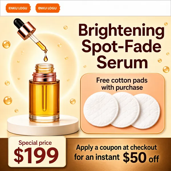 [Format]
Professional e-commerce product main image, square 1:1, elegant beauty-serum advertising style with a warm champagne palette.

[Colors]
A creamy champagne background (#f6e7cf range) with a soft circular glow behind the product and faint golden bubbles; amber-gold serum, rose-brown headline type, a peach pill and a bronze bottom band. A slim white header bar at the top. No frame border.

[Layout]
A white header bar with two logo tags runs across the top. The headline stack sits upper right in large rose-brown characters. The glass dropper bottle stands on a white podium at the left, its dropper lifted and tilted above the open bottle. A peach rounded panel at the right holds the gift note above a fan of three white cotton pads. The bottom band holds a price card on the left and a coupon line on the right.

[Subject]
A small clear glass serum bottle filled with translucent golden oil, its rose-gold collar unscrewed so the glass dropper with a gold cap hovers above the neck, a drop suspended; soft reflections on the white podium, warm beauty lighting.

[Headline]
Right stack in heavy rose-brown characters: "Brightening Spot-Fade Serum". Peach panel: "Free cotton pads with purchase" in brown, above three overlapping white round cotton pads. Bottom-left cream card: "Special price $199" with "$199" huge in rose-gold. Bottom band: "Apply a coupon at checkout for an instant $50 off" in deep brown with "$50" oversized.

[Badges]
Two small orange logo tags in the top header bar.

[Mood]
Warm, radiant and pampering; honeyed champagne light with gold dropper glass, premium-skincare indulgence at thumbnail size.