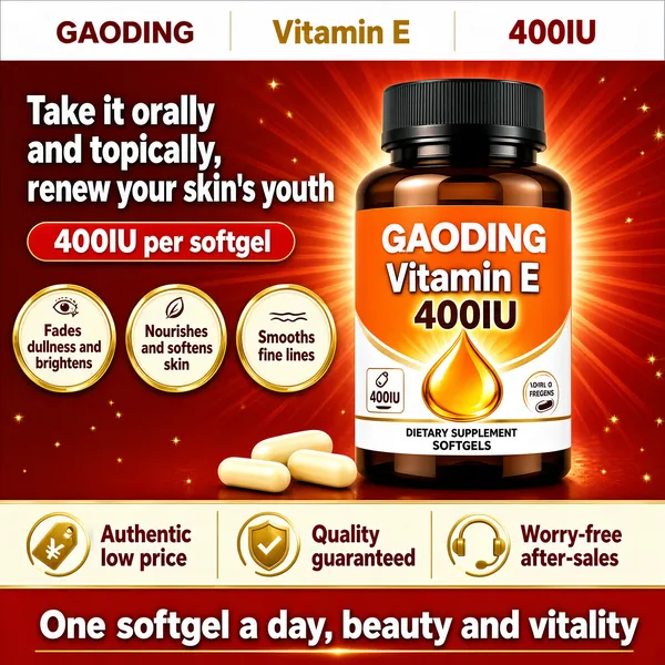 [Format]
Professional e-commerce product main image, square 1:1, bold vitamin-supplement advertising style with a rich red celebration palette.

[Colors]
A deep red background with radiating light rays and fine golden particles; the amber supplement bottle with an orange label glows warmly; gold rings and cream pills; a red bottom band. A white header strip at the top. No frame border.

[Layout]
A white header bar with three logo tags spans the top. A two-line cream headline fills the upper left, above a red rounded strip and a row of three gold-ringed circles. The brown bottle stands centre-right, large and sharp. The bottom third stacks a cream claims row and a red band with white lettering.

[Subject]
A brown amber plastic supplement bottle with a black cap; an orange-and-white label reading "GAODING Vitamin E 400IU" with a large golden oil-drop illustration, small capsule-count and dietary-supplement lines; warm studio light with a soft glow behind the bottle.

[Headline]
Cream stack: "Take it orally and topically, renew your skin's youth" in heavy characters. Red rounded strip: "400IU per softgel" in white. Three gold circles: "Fades dullness and brightens", "Nourishes and softens skin", "Smooths fine lines". Cream row with icons: "Authentic low price", "Quality guaranteed", "Worry-free after-sales". Red band: "One softgel a day, beauty and vitality" in white with gold accents.

[Badges]
Three small logo tags in the top header bar; icon row carries the trust claims.

[Mood]
Warm, celebratory and health-confident; radiant red and gold with amber glass warmth, classic supplement retail energy at thumbnail size.