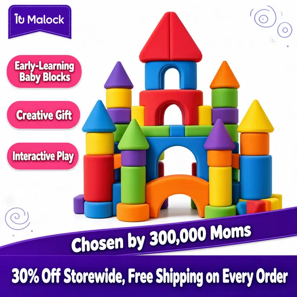 [Format]
Professional e-commerce product main image, square 1:1, joyful kids-toy style with a pure white stage, a rainbow foam-block castle and playful pill banners.

[Colors]
Clean white background in the #f8f9fb range with faint doodle swirls in the corners, primary accent purple footer and banners, the product itself a rainbow of red, blue, green, yellow, orange and purple foam; No frame border.

[Layout]
A small purple brand tag sits at the top-left; the colourful block castle fills the centre from mid-frame to the bottom edge; three pink rounded tags stack down the left side; a purple ribbon banner with white text runs diagonally beneath the castle; a solid purple footer band closes the bottom.

[Subject]
A tall castle built from oversized soft EVA foam building blocks — arches, cylinders, cones and triangular roof prisms in saturated red, sky-blue, green, yellow, orange and purple — stacked into towers and bridges with a soft matte toy finish; no people.

[Headline]
Left column, three pink rounded tags with white text: "Early-Learning Baby Blocks", "Creative Gift", "Interactive Play". Purple ribbon banner: "Chosen by 300,000 Moms" in bold white.

[Badges]
Bottom purple band in heavy white caps: "30% Off Storewide, Free Shipping on Every Order".

[Mood]
Playful, safe and gift-ready; rainbow colour energy anchored by a confident purple frame system.