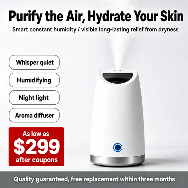 [Format]
Professional e-commerce product main image, square 1:1, minimalist white-appliance advertising style with soft grey studio light.

[Colors]
A pale grey studio background (#e9eaea range) with a soft floor shadow; the white humidifier is nearly monochrome with a blue power ring; black headline type, outlined pills, a red price block and a grey bottom band. No frame border.

[Layout]
A two-line headline spans the top, with a small hyphenated sub-line beneath. Four outlined white pills stack down the left side. The tall humidifier stands centre-right, a soft plume of mist rising from its black vent grille. A red price card sits at the lower left. A grey band across the bottom carries a white quality line.

[Subject]
A sleek tapered white humidifier with a brushed silver base ring, a small black vent grille near the top and a glowing blue power button at the front base, releasing a gentle column of mist; soft even studio lighting.

[Headline]
Black headline: "Purify the Air, Hydrate Your Skin". Grey sub-line: "Smart constant humidity / visible long-lasting relief from dryness". Four outlined pills: "Whisper quiet", "Humidifying", "Night light", "Aroma diffuser". Red card: "As low as $299 after coupons" with "$299" huge in white. Grey band: "Quality guaranteed, free replacement within three months" in white.

[Badges]
No badges; the pill stack carries the features.

[Mood]
Clean, hushed and modern; grey-scale minimalism with a single red price kick, calm bedroom-tech simplicity at thumbnail size.
