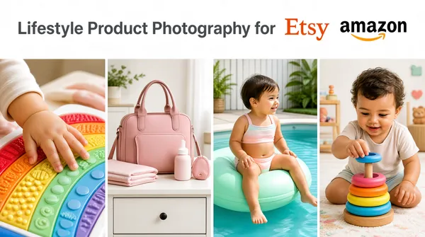 [Format]
Landscape 16:9 gig cover, soft lifestyle baby-product collage, airy natural light. No watermark, no personal names.

[Layout]
A white top band holds the headline, below which four equal vertical lifestyle panels run side by side with no gutters. Each panel shows a baby or toddler interacting with toys or gear.

[Subject]
Panel one: a toddler's hand touching a rainbow sensory board. Panel two: a pink diaper bag and accessories on a white dresser. Panel three: a small child sitting on a mint-colored inflatable by a pool. Panel four: a toddler stacking colorful rings.

[Headline]
Top band reads "Lifestyle Product Photography for" in gray sans, followed by the orange serif Etsy wordmark and the black lowercase amazon wordmark with its orange smile-arrow beneath.

[Badges]
None beyond the Etsy and Amazon wordmarks.

[Mood]
White, pastel pink, mint, and soft rainbow palette; gentle, joyful, and clearly aimed at baby and family brands.