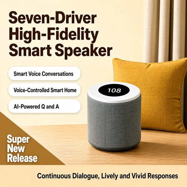 [Format] Professional e-commerce product main image, square 1:1, cozy home-tech lifestyle poster in soft neutral light. [Colors] Background of warm cream bedroom wall (#efe6d8) with beige curtains and a mustard cushion, light wood tabletop, primary accent of white-and-gray fabric speaker, chocolate-brown title type and white claim pills with dark text, tan bottom band. No frame border. [Layout] Two lines of bold brown title fill the upper left; the speaker stands on a wooden surface center-right beside the cushion; three white rounded pills stack beneath the title; a tan corner wedge at bottom left holds stacked release copy; a full-width light band along the bottom carries two taglines at right. [Subject] A compact cylindrical smart speaker with a white glossy top housing a dark circular display showing '108', and a finely woven gray fabric body. [Headline] Brown title 'Seven-Driver High-Fidelity Smart Speaker'; pills read 'Smart Voice Conversations', 'Voice-Controlled Smart Home', 'AI-Powered Q and A'; corner wedge says 'Super New Release' stacked in white; bottom band states 'Continuous Dialogue, Lively and Vivid Responses'. [Mood] Warm, homely and effortlessly intelligent, tech that blends into daily life.
