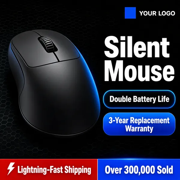 [Format]
Professional e-commerce product main image, square 1:1, sleek tech-gadget advertising style with a dark hexagonal texture and glowing blue promo accents.

[Colors]
Deep charcoal-black background #14161a overlaid with a subtle dark hexagon pattern; the matte-black mouse reads #2a2d33; primary accent electric blue #2f8bff for pills and strips; white type. No frame border.

[Layout]
The mouse dominates the left half, angled three-quarter view with a soft top light; the right half stacks the headline and two feature pills; a small logo placeholder row sits top-right; a split red-and-blue strip runs along the bottom edge.

[Subject]
A slim matte-black wireless computer mouse shown large in three-quarter view, with a smooth curved shell, rubber scroll wheel and subtle sheen along its edges, dramatically lit against the dark textured ground. No people.

[Headline]
Right side, "Silent Mouse" in very large heavy white display type; below it two rounded pills, the first a blue-outlined pill with white text "Double Battery Life", the second a solid gradient-blue pill with white text "3-Year Replacement Warranty". Bottom strip: a red segment with a lightning bolt and white text "Lightning-Fast Shipping", then a blue segment with white text "Over 300,000 Sold".

[Badges]
Top-right, a small blue square design badge beside the placeholder text "YOUR LOGO".

[Mood]
Cool, quiet and confident; matte black hardware with electric-blue accents and big numeric proof.