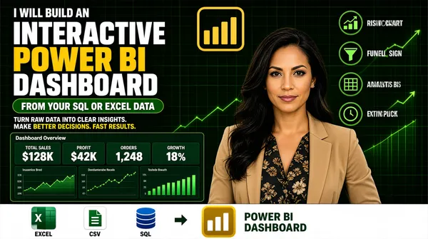 [Format]
Landscape 16:9 gig cover, dense dark-marketplace banner with a cut-out and a dashboard panel. Green-and-gold accents on near-black. No watermark, no personal names.

[Layout]
Full-bleed near-black deep-green ground with faint green grid lines and trailing rising line-chart strokes in the upper right. The frame is densely packed, with four zones. Left half, top to bottom: a small white uppercase kicker; three enormous stacked headline lines; a green rounded pill; a two-part strapline; a wide dark-green Power BI dashboard panel with four KPI mini-cards across the top and three charts beneath; and finally a full-width white strip at the very bottom holding a row of small app tiles, a right arrow, a gold bar glyph and a two-line caption to its right. Right side: a short column of four icon-plus-label rows in the upper right, and beneath them the woman's cut-out filling the lower right. A large gold outlined Power BI logo mark sits at the top-centre.

[Subject]
A woman in her early thirties, long dark hair, wearing a tan blazer over a dark floral top, arms relaxed, waist-up, calm confident expression at camera; positioned on the right, cut out cleanly and layered in front of the ground.

[Headline]
Left stack: a small white uppercase kicker reading "I WILL BUILD AN"; then "INTERACTIVE" in huge heavy white uppercase, "POWER BI" in huge heavy yellow uppercase, and "DASHBOARD" again in huge heavy white uppercase. A green rounded pill carries white bold uppercase copy reading "FROM YOUR SQL OR EXCEL DATA". A strapline reads three short sentences in white with the final phrase highlighted in yellow. The dashboard panel title is a single grey word with four small KPI labels above bold figures. The bottom strip caption is green bold uppercase over two lines.

[Badges]
The bottom white strip holds small app tiles: the Microsoft Excel tile — a green rounded square with a white X glyph; a white CSV tile with a green document glyph; a blue SQL database cylinder as stacked discs; then a small right arrow and the Power BI logo — a gold rounded square with white ascending bars. The four right-hand rows use green circular line icons (a rising chart, a funnel, a grid, a clock). The top-centre mark is the Power BI logo — a thick gold outlined rounded frame holding gold ascending bars.

[Mood]
Near-black with deep green and bright gold accents. Dense, sales-forward, data-heavy; the trio of giant white-and-yellow headline lines still reads clearly at thumbnail size.