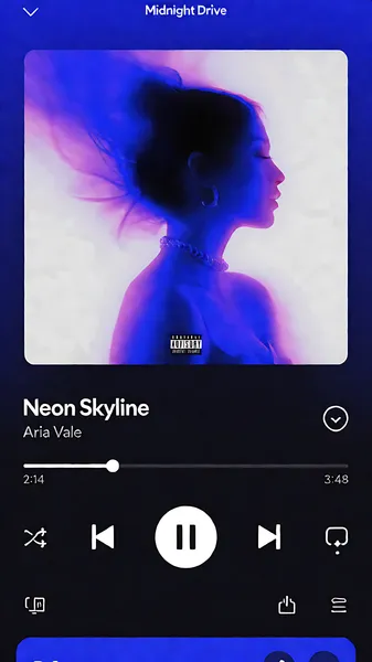 A straight-on, flat app screenshot of a music streaming app, no tilt, no 3D perspective. A large square album-cover image at top, with the album title "Midnight Drive" in small text above the track. Beneath the cover: the song title "Neon Skyline" in bold and the artist name "Aria Vale" in smaller text below it. A progress scrubber showing the track partway through with the time "2:14 / 3:48", a play/pause button, and previous/next controls beneath. A dark theme with a vibrant accent color (electric blue / violet), crisp typography, polished UI.