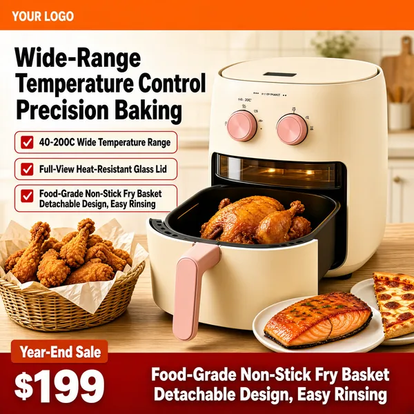 [Format]
Professional e-commerce product main image, square 1:1, warm kitchen-appliance lifestyle style with appetising food staging and a red offer base.

[Colors]
Background is a soft cream kitchen blur, near #f2e8d8, with a light wood tabletop. Accents are butter-cream on the fryer body, blush pink on its handle and dials, golden fried-food tones, and a deep red promo band across the bottom. A slim orange banner closes the top. No frame border.

[Layout]
The top orange banner carries a logo chip and "YOUR LOGO". The headline block sits upper left over the kitchen blur. Two red-outlined checklist pills follow beneath it. The air fryer stands centre-right with its drawer open, a wicker basket of fried chicken at the lower left and plates of salmon and pizza at the lower right. The red bottom band carries two lines of copy plus the price block at the left.

[Subject]
A cream-coloured air-fryer oven with a blush-pink pull handle and two pink control dials, its front drawer open showing a roast chicken inside under a warm glow; a wicker basket lined with paper holds golden fried chicken drumsticks, with a plate of glazed salmon and a slice of pizza nearby. No people.

[Headline]
Upper left in very heavy charcoal caps across two lines: "Wide-Range Temperature Control" and "Precision Baking". Beneath, two red-checkbox pills: "40-200C Wide Temperature Range" and "Full-View Heat-Resistant Glass Lid". Bottom red band: "Food-Grade Non-Stick Fry Basket" and "Detachable Design, Easy Rinsing" in bold white, with a small tag "Year-End Sale" and a huge "$199" on the left over a tiny currency mark.

[Mood]
Appetising, family-warm and practical; butter-and-blush kitchen charm with golden fried-food temptation and red hot-deal framing.