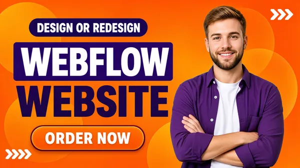 [Format]
Professional Fiverr gig cover, landscape 16:9 banner. Bright orange no-code advertising style with bold purple accents. No watermark, no personal names.

[Layout]
A flat vivid orange background with soft radial gradients and large translucent orange circles. The left half carries the headline stack and order button; the right half holds a cut-out portrait. Small white chevron arrows decorate the upper right corner.

[Subject]
On the right: a confident young white / Caucasian man with short light-brown hair and a neat beard, wearing a purple button-up shirt over a white t-shirt, arms crossed, smiling at the camera. Clean studio light, waist-up. No text or watermark on the subject.

[Headline]
Left side, stacked: a dark purple rounded pill with white caps "DESIGN OR REDESIGN"; then "WEBFLOW" in enormous heavy white sans-serif caps on a purple rectangular slab; then "WEBSITE" in very heavy purple sans-serif caps.

[Graphic accents]
Bottom-left: an orange rounded pill button with white bold caps "ORDER NOW". Small white chevron arrow clusters appear in the top-right and bottom-left corners.

[Mood]
Confident, modern and platform-focused; saturated orange with strong purple type, clean button and a friendly developer portrait.