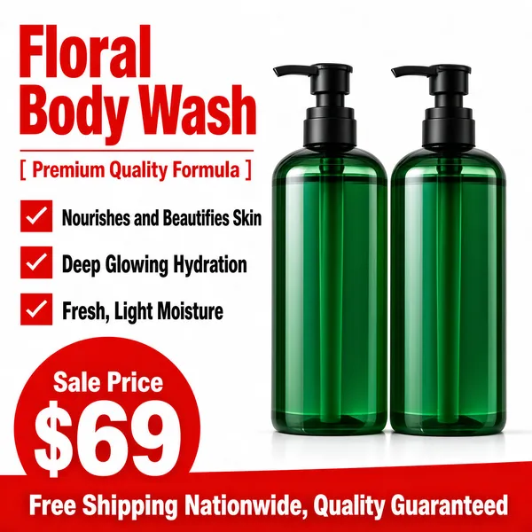 [Format]
Professional e-commerce product main image, square 1:1, straightforward value-promo style with a clean white ground and bold red retail type.

[Colors]
A flat white background with a thin red baseline strip at the bottom. Accents are deep emerald green, bright red and black. No frame border.

[Layout]
Two tall pump bottles stand side by side centre-right. The headline block and a bracketed subtitle sit upper-left, three red check rows run beneath, and a large red circle price tag overlaps a red bottom band at the lower-left.

[Subject]
No people. Two identical tall cylindrical body-wash bottles with deep green transparent bodies showing liquid inside, matte black pump heads and slim black collar bands, standing shoulder to shoulder with soft reflections.

[Headline]
Upper left: "Floral Body Wash" in very heavy red caps, with a thin red rule and small red text "Premium Quality Formula" set in thin brackets beneath. Three check rows with red square-check icons and black bold text: "Nourishes and Beautifies Skin", "Deep Glowing Hydration", "Fresh, Light Moisture". Bottom: a large red circle with small white text "Sale Price" over "$69" in enormous white numerals; the red band beside it carries bold white caps "Free Shipping Nationwide, Quality Guaranteed".

[Mood]
Plain-spoken, value-forward and fresh; green bottle calm with loud red promo energy.
