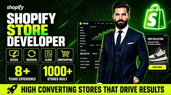 [Format]
Professional Fiverr gig cover, landscape 16:9 banner. Bold, results-driven e-commerce developer advertising style on dark green with lime accents. No watermark, no personal names.

[Layout]
A dark green tech background with fine diagonal streaks, a soft glow behind the subject and a faint dot grid. The left half is a stacked typography column with icon rows and stat cards; the subject occupies the right third, cropped at mid-thigh and bleeding off the right and bottom edges. A large glowing green Shopify bag logo sits at the top-right corner with small dashboard panels behind it.

[Subject]
On the right: a confident white / Caucasian man with swept-back black hair and a full black beard, wearing a navy-blue three-piece suit with a white shirt and navy tie, one hand in his trouser pocket, a gold watch on his wrist, looking straight at the camera with a composed expression. Clean studio light with a green rim. No text or watermark on the subject.

[Headline]
Stacked on the left: the green Shopify bag logo beside "shopify" in white lowercase; then "SHOPIFY" in enormous heavy white condensed caps; then "STORE" in enormous heavy caps filled with a lime-to-green gradient; then "DEVELOPER" in very heavy white condensed caps. Below, a row of four white-outlined boxes separated by thin rules, each with a lime icon above small white caps: a monitor-pen icon for "DESIGN", circular arrows for "REDESIGN", a copy icon for "CLONE", a cart icon for "DROPSHIPPING".

[Badges]
Two dark rounded cards side by side: the first with a lime shield-star icon, "8+" in very large lime bold over "YEARS EXPERIENCE" in white caps; the second with a lime people icon, "1000+" in very large lime bold over "STORES BUILT" in white caps. Along the very bottom, a lime strip with a black rocket icon and "HIGH CONVERTING STORES THAT DRIVE RESULTS" in heavy black caps.

[Devices]
Behind the subject, two floating UI panels: a dark Shopify admin dashboard with a sidebar (Home, Orders, Products, Customers, Analytics, Marketing, Discounts, Apps), stat tiles reading "Total Sales $85,245.50 +28.6%" with a green line chart and "Total Orders 1,320 +18.2%", and a "Top Products" list with a Premium Hoodie $49.99, Classic Sneaker $39.99 and Backpack $39.99; beside it, a storefront panel headed "NEW COLLECTION" with the lines "Exclusive Style. Premium Quality." and a "SHOP NOW" button over sneaker photos.

[Mood]
Professional, metric-led and premium-technical; deep green with lime numbers, glowing Shopify marks and a sharply dressed developer presence.
