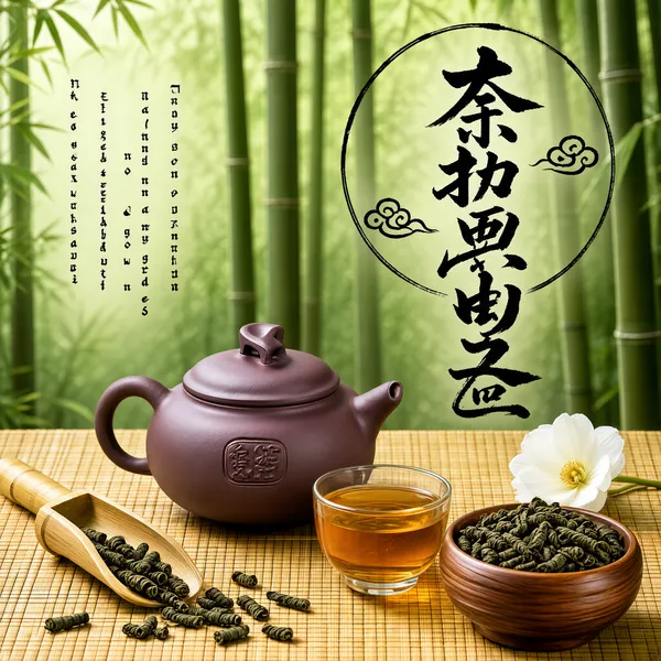 [Format]
Professional e-commerce product main image, square 1:1, oriental tea-garden style with a bamboo backdrop, clay teaware and grand calligraphic title.

[Colors]
Background is a soft-focus green bamboo grove (#8fae7a range) washed in morning light. Accents are terracotta-brown clay, amber tea liquor, and near-black calligraphic type. No frame border.

[Layout]
The giant title block occupies the upper right over a thin dark circle outline with two small cloud motifs. Slim vertical caption lines run down the upper-left. The lower half is a tabletop scene: clay teapot centre, a glass cup of liquor front-right, a wooden bowl of dry leaves front-right edge, a bamboo tea scoop lower-left, and a white bloom behind the bowl.

[Subject]
No people. A rounded purple-brown Yixing-style clay teapot with a carved seal mark sits on a woven bamboo mat, its lid topped with a small bridge knob; beside it a clear glass cup of golden-amber infusion, a turned wooden bowl heaped with rolled dark-green tea leaves, a bamboo scoop spilling a few leaves, and one white flower.

[Headline]
Upper right, two enormous black brush-style characters stacked vertically: "Tieguanyin Oolong". Upper left, four slim vertical grey-black lines of poetic copy reading top-to-bottom: "Tea comes in many kinds", "Water comes in many grades", "Only good tea and good water", "Make a taste worth savouring".

[Badges]
None beyond the red seal motif implied by the circle and cloud flourishes.

[Mood]
Contemplative, heritage-rich and zen; bamboo greens with clay warmth and bold ink-brush presence, gift-tea gravitas.