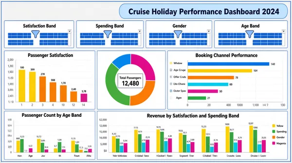 [Format]
Landscape 16:9 gig cover, full-bleed business-intelligence dashboard screenshot mockup. Flat vector UI, crisp hairline borders, pale page-grey canvas. No watermark, no personal names.

[Layout]
The entire frame is a single dashboard page: a pale grey sheet inside a thin blue outer rule, divided into a header strip and a chart grid below. Top centre-right sits a light-blue rounded capsule banner, about 60 percent of the width, holding the dashboard title. Directly under it a single row of four equal filter panels, each a bordered white box with a small header line and two rows of tiny blue segmented chips and dropdowns. Below that the grid splits into two bands: the upper band carries three panels — a tall bar chart on the left about 30 percent wide, a square donut chart in the centre about 30 percent, and a wide horizontal bar chart on the right about 37 percent; the lower band carries two panels — a narrow grouped bar chart on the left about 30 percent and a wide grouped bar chart filling the rest. Thin blue hairlines separate every panel and the bands, and small white gutters separate the columns.

[Subject]
None — dashboard mockup only, no people and no photographic cut-out.

[Headline]
In the blue capsule banner, a bold dark-blue sans title in title case naming a cruise-holiday performance dashboard followed by a four-digit year, about one-eighteenth of frame height, centred. Each filter panel carries a small bold black label in its header strip (satisfaction band, spending band, gender, age band) with a blue filter glyph at the right of the line. Each chart panel has a centred bold black chart title above its plot. Axis ticks, legend entries and small value labels sit in tiny grey sans, and the bar panels carry tiny numeric data labels above each bar, with a small boxed total-passenger figure floating inside the donut panel.

[Badges]
None — the only marks are UI affordances: small funnel filter glyphs in each slicer header and dropdown carets inside the segmented chips.

[Mood]
Pale grey, cornflower blue and a candy chart palette of yellow, green, orange, cyan and magenta; analytical, flat and spreadsheet-credible. At thumbnail size it reads as a dense real dashboard rather than a poster, with the blue banner and the coloured bars carrying recognition.