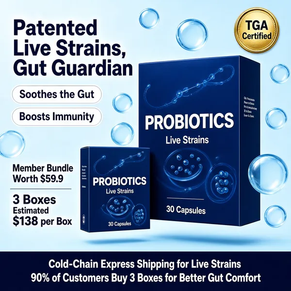 [Format] Professional e-commerce product main image, square 1:1, clinical clean supplement style. [Colors] An icy light-blue backdrop (#dcecf8) with glass bubble rings, a deep blue product box (#1f4fa0) with white typography, navy headline type, white outlined pills, a gold certification badge and a dark navy footer band. [Layout] The product box floats center-right at a slight angle with a small inset bundle box at lower left; a two-line headline tops the left; two outline pills follow; the bottom stacks a price block and a navy service band. [Subject] A navy blue probiotics supplement box with white brand lettering, capsule count details and floating translucent bubbles, plus a smaller bundle carton in front. [Headline] Patented Live Strains, Gut Guardian in heavy navy; outline pills read Soothes the Gut and Boosts Immunity; a small inset is labeled Member Bundle, Worth $59.9; the footer shows 3 Boxes Estimated $138 per Box, and the navy band states Cold-Chain Express Shipping for Live Strains with 90% of Customers Buy 3 Boxes for Better Gut Comfort. [Badges] A gold circular seal at top right reads TGA Certified. [Mood] Clinical, reliable and gut-health focused with cool laboratory calm.