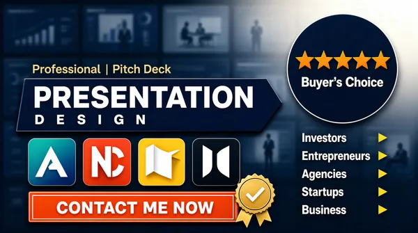 [Format]
Landscape 16:9 gig cover, centred headline over a blurred slide-wall backdrop behind a frosted overlay, with badge overlays. Corporate-geometric finish. No watermark, no personal names.

[Layout]
The whole background is a heavily blurred mosaic of dark navy presentation slides in a three-by-three arrangement, softened until it reads as blue-grey texture with faint chart and diagram ghosts, and a bright haze washes the top-right corner. Everything sits on a lighter, slightly milky overlay field that gives the cover a dusty-blue cast. The centre-left 60% holds a stacked headline block: a small gold line, a wide navy ribbon plate carrying the main line, a letter-spaced line below it, the app-tile row, and finally an orange call-to-action bar. The right 40% holds two stacked pieces: a large dark navy circular badge in the top-right quadrant and, below it, a right-aligned list of five short lines each ending in a small yellow arrow marker.

[Subject]
None — typographic and UI-mockup only. The only figures are faint blurred silhouettes inside the background slides and one small cut-out of a person at a desk inside a single background thumbnail, all unreadable.

[Headline]
Stacked and mostly flush left inside the left field. Line 1 in a light gold sans with a thin stroke: 'Professional | Pitch Deck'. Line 2 sits on a solid navy angular ribbon plate that is wider than the type: 'PRESENTATION' in heavy white uppercase, the largest text on the cover, with a soft shadow under the plate. Line 3 below the plate in widely letter-spaced white uppercase: 'D E S I G N'. Then the row of four rounded-square app tiles. Beneath them an orange-red rectangle bar with a thin white inner border carries the white bold uppercase copy 'CONTACT ME NOW'. Right column, white medium-weight title-case lines stacked with even leading, each followed by a small solid yellow cursor arrow: 'Investors', 'Entrepreneurs', 'Agencies', 'Startups', 'Business'.

[Badges]
Top right: a large dark navy circle containing one row of five orange-yellow five-pointed stars across its upper half and the white tight-tracked uppercase line 'Buyer's Choice' beneath them. Overlapping the right end of the orange bar: a gold outline circle with a check mark inside, then a small gold rosette medal with ribbon tails. The app-tile row holds a teal-to-blue gradient tile with a white letterform, a red-orange tile with a white letterform, a yellow tile with a white folded-page silhouette, and a near-black tile with a white letterform pair. Stars, seal and tiles are pure geometry and colour with no recognisable identity. No marketplace wordmarks.

[Mood]
Dusty blue-grey haze over a blurred navy slide wall, punctuated by a solid navy ribbon, gold accents and one orange bar. Professional but slightly glossy; at thumbnail size the white main word on its navy plate and the star badge on the right are the two anchors.