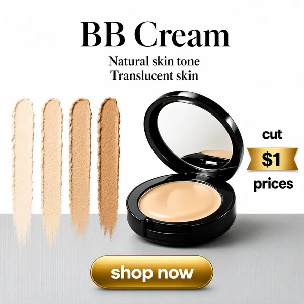 [Format]
Professional e-commerce product main image, square 1:1, minimalist cross-border beauty style with editorial serif type on a pale studio set.

[Colors]
Background is a light neutral grey-white studio wall (#f0efed range) meeting a slightly darker grey surface. Accents are glossy black compact shells, warm beige cream shades, and a muted gold button. No frame border.

[Layout]
The title block is centred at the top in large serif type with a two-line sub-line beneath. The open compact sits centre-right with its lid tilted up; four vertical cream swatch streaks run down the left side like paint strokes. A short benefit stack with a gold ribbon sits mid-right. A gold pill button is centred at the bottom.

[Subject]
Centre-right: a round black BB cream compact, its flat mirror lid open at an angle revealing a smooth beige cream pan with a soft dome, black gloss casing with precise edges. Left: four thick vertical swatches in fair, light, medium and tan beige shades, brushed with visible texture. No people.

[Headline]
Top-centre, an elegant high-contrast serif in near-black: "BB Cream". Beneath, two smaller serif lines: "Natural skin tone" and "Translucent skin".

[Badges]
Mid-right, stacked black sans-serif: "cut", then a small gold banner ribbon reading "$1", then "prices" in larger black bold. Bottom-centre, a gold gradient pill button with white lowercase bold: "shop now".

[Mood]
Minimal, chic and deal-forward; gallery-white calm with serif elegance, swatch artistry and one small flash of gold urgency.
