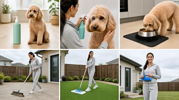 [Format]
Landscape 16:9 gig cover, a six-cell lifestyle photo grid for pet-care products. Natural daylight photography with clean commercial retouch, no watermark, no personal names.

[Layout]
The frame is a 3-column by 2-row grid of equal rectangular photo tiles separated by thin white gutters and cropped flush to the edges. Top row, left to right: a fluffy light-apricot dog sitting on a pale wood floor beside an upright pump bottle; a close-up of a woman hands spraying grooming mist onto the same dog, the dog head and her forearm filling the frame; the dog eating from a raised metal bowl on a black mat in a kitchen. Bottom row, left to right: a woman in a light grey tracksuit sweeping a patio with a long-handled mop-broom; the same woman pushing a mop across artificial grass in front of a house; a three-quarter view of her holding a small blue handheld cleaner at waist height outdoors. All tiles are eye-level interior or suburban exterior settings.

[Subject]
A fluffy light-apricot poodle-mix dog, the product user, and a slim young woman with long dark hair tied back in a ponytail, wearing a matching light-grey zip tracksuit, smiling toward camera. Describe her as a generic model, not identifiable. She is shown waist-up or full length with generous floor and sky space, never dominating the frame.

[Headline]
None; no headline and no captions, purely photographic.

[Badges]
None.

[Mood]
Fresh, airy lifestyle palette: pale wood, soft grey, mint-green and turquoise product accents, blond artificial grass and a flint-grey sky. Bright, everyday and friendly; at thumbnail size the six-frame grid reads as proof of use across a pet-care range.