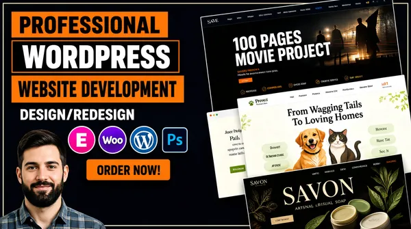 [Format]
Professional Fiverr gig cover, landscape 16:9 banner. Bold orange-and-black commercial style with a screenshot collage. No watermark, no personal names.

[Layout]
A dark navy-black background inside a thin light frame. The upper left carries a stacked headline in alternating orange and black slabs; the centre holds a cluster of round app icons and a button; the bottom-left corner has a portrait; the right half is a tilted collage of website screenshots.

[Subject]
Bottom-left, chest-up: a young white / Caucasian man with short dark hair and a full dark beard, wearing a blue-grey plaid button-up shirt, warm subtle smile, looking at the camera. No text or watermark on the subject.

[Headline]
Stacked at the top-left: "PROFESSIONAL" in heavy black caps on an orange slab; then "WORDPRESS" in enormous white caps on a black slab with an orange edge; then "WEBSITE DEVELOPMENT" in heavy black caps on an orange slab; then "DESIGN/REDESIGN" in white caps directly on the dark ground. Below, five circular app icons: the magenta Elementor "E", the purple "Woo" bubble, the blue WordPress circle, the multicolour Figma mark and the blue "Ps" tile. Under them, an orange rectangular button with "ORDER NOW!" in black caps.

[Devices]
Right half: a tilted, overlapping collage of website screenshots running off the right edge, including a dark cinema-themed page headlined "100 PAGES MOVIE PROJECT" with dramatic photography, a light pet-care page headlined "From Wagging Tails To Loving Homes" with a dog-and-cat illustration, and a dark artisanal soap page with ornate "SAVON" serif lettering over botanical imagery.

[Mood]
Energetic and agency-grade; dark navy with hot orange slabs, chunky stacked type, icon cluster and a montage of finished site designs.