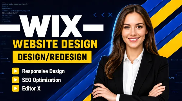 [Format]
Professional Fiverr gig cover, landscape 16:9 banner, dark blue-and-yellow corporate style with a confident human subject and feature list. High-energy, service-driven. No watermark, no personal names.

[Layout]
A dark navy background with blue and yellow diagonal shapes sweeping from the upper right to the lower left. The left half carries the Wix headline, feature bullets and CTA; the right half holds a cut-out portrait of a woman.

[Subject]
On the right: a young white / Caucasian woman with long brown hair, wearing a black blazer over a white shirt, arms crossed, chest-up, smiling warmly at the camera. Clean studio cut-out against the dark background. No text or watermark on the subject.

[Headline]
Upper centre: "WIX" in very large white sans-serif with horizontal white bars extending from either side. Below, "WEBSITE DESIGN" in large yellow caps, then "DESIGN/REDESIGN" in black caps on a yellow rectangular slab. At the bottom left, three feature rows with yellow play-button icons: "Responsive Design", "SEO Optimization", "Editor X".

[Badges]
No visible platform badge row.

[Graphic accents]
Subtle code-like text and interface fragments are faintly visible in the dark background, suggesting a no-code editor environment.

[Mood]
Corporate, energetic and platform-specific; dark navy with yellow accents, clean human presence and clear service list.