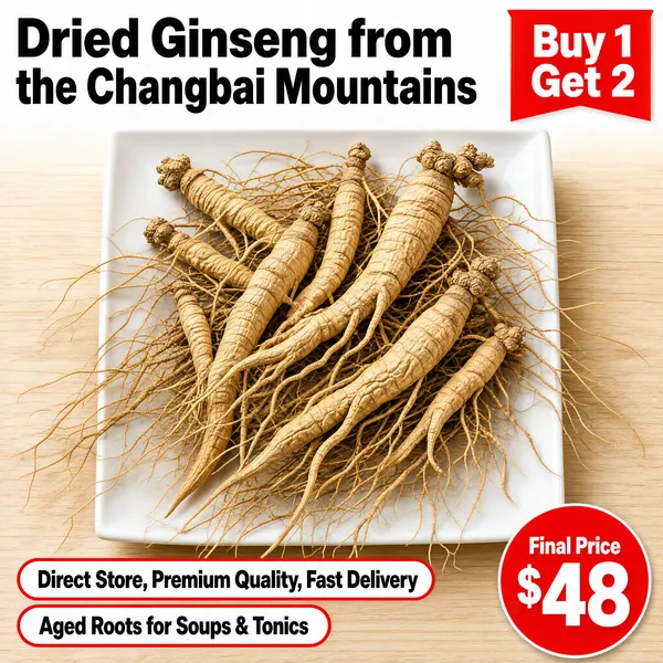 [Format]
Professional e-commerce product main image, square 1:1, clean market-fresh style with natural tonic appeal.

[Colors]
Background is a pale light-wood surface (#e9d6b8) fading to soft white at the top; the ginseng roots are warm beige-tan with earthy depth; headline type is deep charcoal-black; accents are bright signal-red flag chips, outlined pills and a red price bubble with white type. No frame border.

[Layout]
The headline runs across the top with a red flag-shaped chip at its right end; the white square plate of ginseng fills the centre of the frame on the wood surface; two red-outlined claim pills stack at the bottom-left; a solid red circle with the price anchors the bottom-right corner.

[Subject]
No people. A generous cluster of whole dried ginseng roots with slender tapered bodies, finely wrinkled skin and long thread-like rootlets spilling in every direction, laid loosely across a square white ceramic plate, natural warm light casting soft shadows on the pale wood.

[Headline]
Top in very bold black display type: "Dried Ginseng from the Changbai Mountains"; beside it a red flag-shaped chip reads "Buy 1 Get 2" in white. Bottom-left pills in red outline: "Direct Store, Premium Quality, Fast Delivery" and "Aged Roots for Soups & Tonics". Bottom-right red circle: "Final Price" above a giant white "48" with a small "$" prefix.

[Mood]
Clean, apothecary-fresh and deal-driven; natural tonic roots presented with bright market confidence.