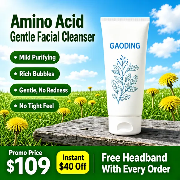 [Format]
Professional e-commerce product main image, square 1:1, fresh botanical skincare style set in a sunny meadow scene.

[Colors]
Background is an outdoor summer scene — clear blue sky (#8ec9ec) with fluffy white clouds above a lush green lawn (#69b43e) scattered with yellow dandelions; the tube is clean matte white with sky-blue print; claim pills are leafy green (#3a9e3f) with white type, echoed by a full-width green bottom banner. No frame border.

[Layout]
The headline occupies the upper-left; a vertical stack of four small rounded pills runs down the left side; the white tube stands tall on a weathered wood plank at the right, catching soft daylight; a full-width green banner closes the bottom with the price, an instant-discount chip and a gift offer.

[Subject]
No people. A tall white squeeze tube of gentle facial cleanser with a rounded flip cap, standing upright on a rustic grey-wood plank, its surface printed with light blue caps "GAODING" above a fine-line botanical label, gentle shadow falling to the right.

[Headline]
Upper-left in bold dark-green sans-serif on two lines: "Amino Acid" and "Gentle Facial Cleanser". Four green pills with bullet dots: "Mild Purifying", "Rich Bubbles", "Gentle, No Redness", "No Tight Feel". Bottom banner: "Promo Price" above a huge white "109" with a small "$" prefix, a yellow chip reading "Instant $40 Off", and bold white caps "Free Headband With Every Order".

[Mood]
Fresh, clean and cheerful; springtime meadow brightness selling a gentle everyday cleanser.