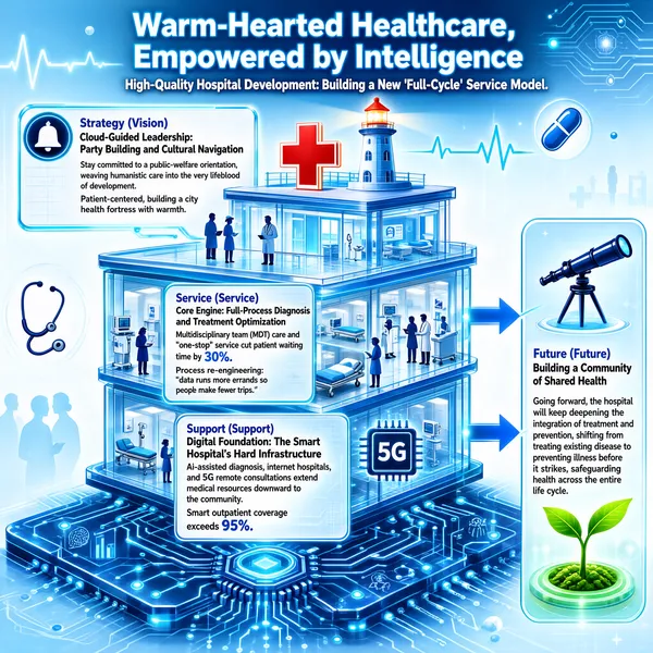 This infographic is themed "Warm-Hearted Healthcare, Empowered by Intelligence," with the subtitle "High-Quality Hospital Development: Building a New 'Full-Cycle' Service Model." It uses a high-tech blue-and-white palette throughout, with ECG waveforms, glowing particles, and medical elements (such as capsules and stethoscopes) woven into the background to create a modern smart-healthcare atmosphere. The central visual is a three-dimensional transparent multi-story hospital building model, topped by a red cross emblem and a lighthouse symbolizing guidance and hope; the base shows a circuit-board structure representing the digital foundation. The overall layout is a three-tier vertical structure corresponding to "Strategy (Vision)," "Service (Service)," and "Support (Support)," complemented by a "Future (Future)" outlook module on the right, forming a clear logical framework.

### I. Top Module: LAYER_TOP - Strategy (Vision)
- **Title**: "Cloud-Guided Leadership: Party Building and Cultural Navigation"
- **Content**:
  - Stay committed to a public-welfare orientation, weaving humanistic care into the very lifeblood of development.
  - Press summary: "Patient-centered, building a city health fortress with warmth."
- **Icon**: a bell icon on the left, symbolizing alert or rallying call.

### II. Middle Module: LAYER_MIDDLE - Service (Service)
- **Title**: "Core Engine: Full-Process Diagnosis and Treatment Optimization"
- **Content**:
  - Multidisciplinary team (MDT) care and "one-stop" service cut patient waiting time by 30%.
  - Key measure: process re-engineering so that "data runs more errands so people make fewer trips."
- **Visual elements**: this module sits at the middle layer of the hospital model, displaying wards, examination equipment, and other clinical scenes that show service optimization in practice.

### III. Bottom Module: LAYER_BOTTOM - Support (Support)
- **Title**: "Digital Foundation: The Smart Hospital's Hard Infrastructure"
- **Content**:
  - AI-assisted diagnosis, internet hospitals, and 5G remote consultations extend medical resources downward to the community.
  - Data: "Smart outpatient coverage exceeds 95%."
- **Icon**: a chip icon on the right, emphasizing technological support.

### IV. Future Outlook Module: FUTURE_OUTLOOK - Future (Future)
- **Title**: "Building a Community of Shared Health"
- **Content**:
  - Going forward, the hospital will keep deepening the integration of treatment and prevention, shifting from treating existing disease to preventing illness before it strikes, safeguarding health across the entire life cycle.
- **Icon**: a telescope icon above, symbolizing forward-looking vision; a green seedling motif below, representing healthy growth.

### Overall Design and Style
- **Chart type**: three-dimensional layered structure diagram + tiered information boxes
- **Data encoding method**: key indicators are presented directly through text descriptions and concrete values (such as "30%" and "above 95%").
- **Visual elements**:
  - The main palette is light blue and white with gradient light effects, heightening the sense of technology.
  - Medical symbols (red cross, stethoscope), pills, circuit boards, ECG traces, and other elements run throughout the graphic, reinforcing the theme.
  - Figure silhouettes (doctors, nurses) are dotted between the tiers, highlighting the people-first philosophy.
  - Arrows connect to the "Future" module, suggesting the direction of development.

Through its layered structure, this infographic clearly presents the strategic path of high-quality hospital development: Party building and culture lead at the top, service-process optimization is the focus in the middle, digital technology underpins the base, and a future community of shared health is envisioned — fully interpreting the core philosophy of "Warm-Hearted Healthcare, Empowered by Intelligence."