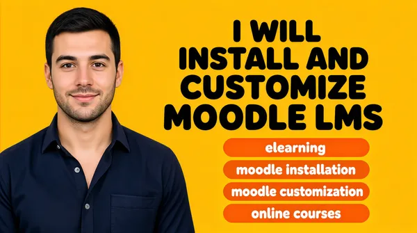 [Format]
Professional Fiverr gig cover, landscape 16:9 banner. Clean, flat, high-contrast service-card style on a single solid colour. Simple, bold and professional. No watermark, no personal names.

[Layout]
A flat saturated amber-yellow ground with no gradient or texture, split into two halves: a clean studio portrait column on the left third and a typography column on the right two-thirds. Even lighting and plenty of flat negative space.

[Subject]
Left third, cropped at the chest and bleeding off the left and bottom edges: a young white / Caucasian man with short dark hair, a light stubble shadow, a calm polite smile, wearing a dark navy button-up shirt with the collar open and a visible chest pocket. Even frontal studio light, sharp focus, looking straight at the camera.

[Headline]
Right side, centre-aligned and left-heavy: four stacked lines of heavy black rounded sans-serif caps - "I WILL" on its own line, then "INSTALL AND", then "CUSTOMIZE", then "MOODLE LMS" largest at the bottom.

[Badges]
Beneath the headline, a right-aligned column of four orange rounded pills with white lowercase text: "elearning", "moodle installation", "moodle customization" and "online courses".

[Mood]
Straightforward, trustworthy and clean; one flat amber field, plain black type and pill-shaped service tags beside a calm, credible face.