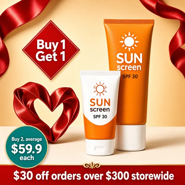 [Format]
Professional e-commerce product main image, square 1:1, elegant sunscreen promo in champagne tones with a festive red ribbon.

[Colors]
Champagne-gold #d9c1a8 gradient background with soft light; a draped red satin ribbon across the top corners; orange and white tube tones; a teal price circle and red band; no frame border.

[Layout]
The red ribbon sweeps across the top; a red diamond seal sits on the left; two sunscreen tubes stand centre-right, tall behind small; a red heart-shaped ribbon sculpture at the lower left; a teal price circle at the bottom-left; a red band along the bottom edge.

[Subject]
Two sunscreen tubes standing on a pale surface with soft shadows: a tall orange tube with a white sun logo labelled "SUN screen SPF 30", and a shorter white-and-orange tube with matching branding.

[Headline]
Left red diamond seal: "Buy 1 Get 1" in white. Lower-left teal circle: "Buy 2, average" in small white over "$59.9 each" in white numerals. Bottom red band: "$30 off orders over $300 storewide" in white caps with a small gold flourish.

[Mood]
Sunny, premium and giftable; warm champagne glow with festive red celebration marks.